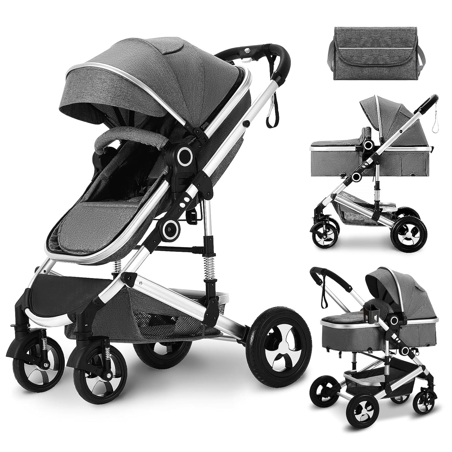 Kinder King 2 in 1 Convertible Baby Stroller, Folding High Landscape Infant Carriage, Newborn Reversible Pram, Diaper Bag, Anti-Shock Toddler Pushchair Stroller, Dark Grey