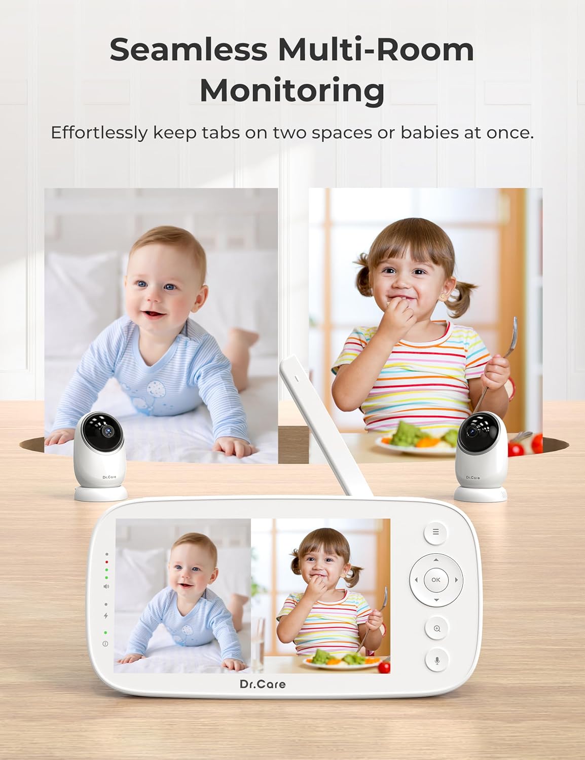 Dr.Care NovaView Video Baby Monitor - 5" 1080P Split Screen Display, 5000mAh Battery, Clear Night Vision, Real-Time/VOX, 2X/4X Zoom, 1000ft Range, 2-Way Audio, Pan & Tilt, No WiFi Baby Camera