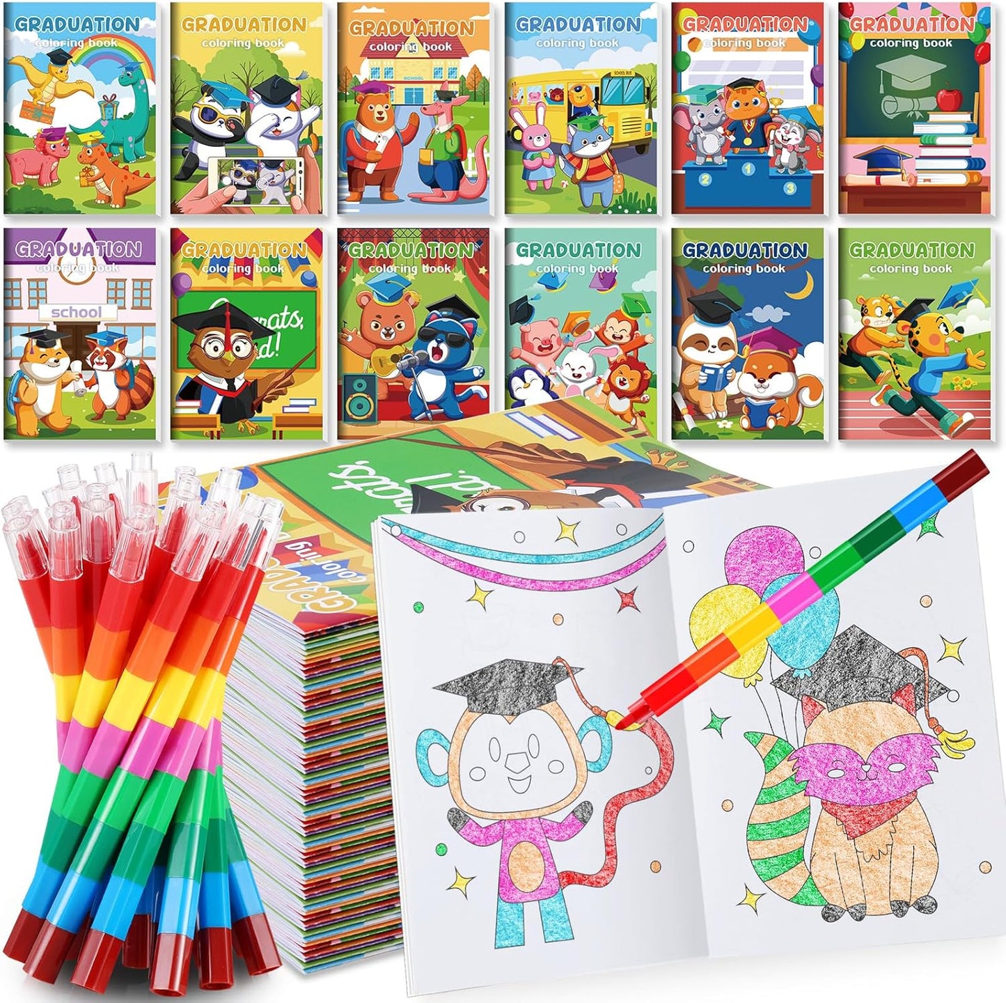 BenLouis 12 Kindergarten Graduation Mini Coloring Books Kids with 12 Stacking Crayons Preschool Classroom Party Favors Small Activity Books Bulk for Kids Student Grad Party Gift Goodie Bag Stuffers