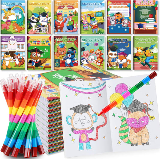 BenLouis 12 Kindergarten Graduation Mini Coloring Books Kids with 12 Stacking Crayons Preschool Classroom Party Favors Small Activity Books Bulk for Kids Student Grad Party Gift Goodie Bag Stuffers
