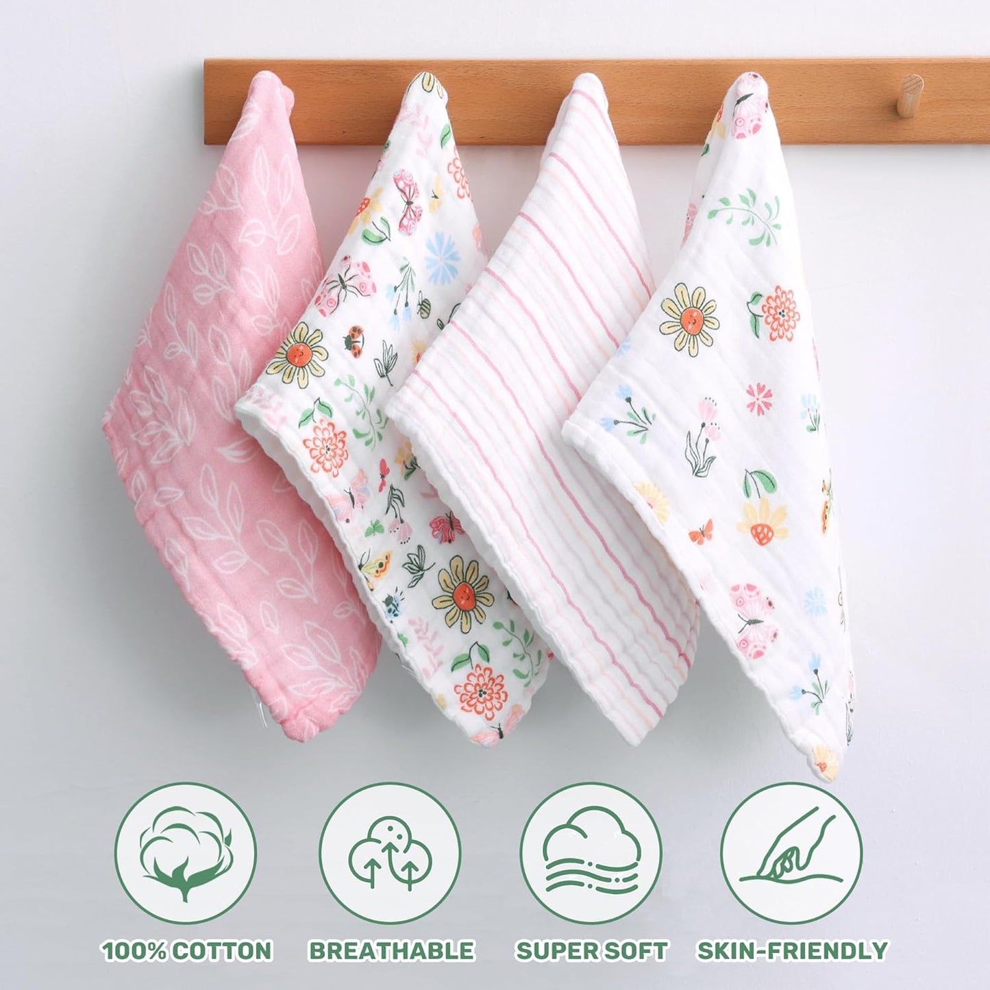 Viviland Baby Muslin Burp Cloths, Super Absorbent Washcloths for Baby Girl and Boy, 10 x 20 inches 6-Layer Baby Bath Towels, Flowers & Butterflies 4 Pack