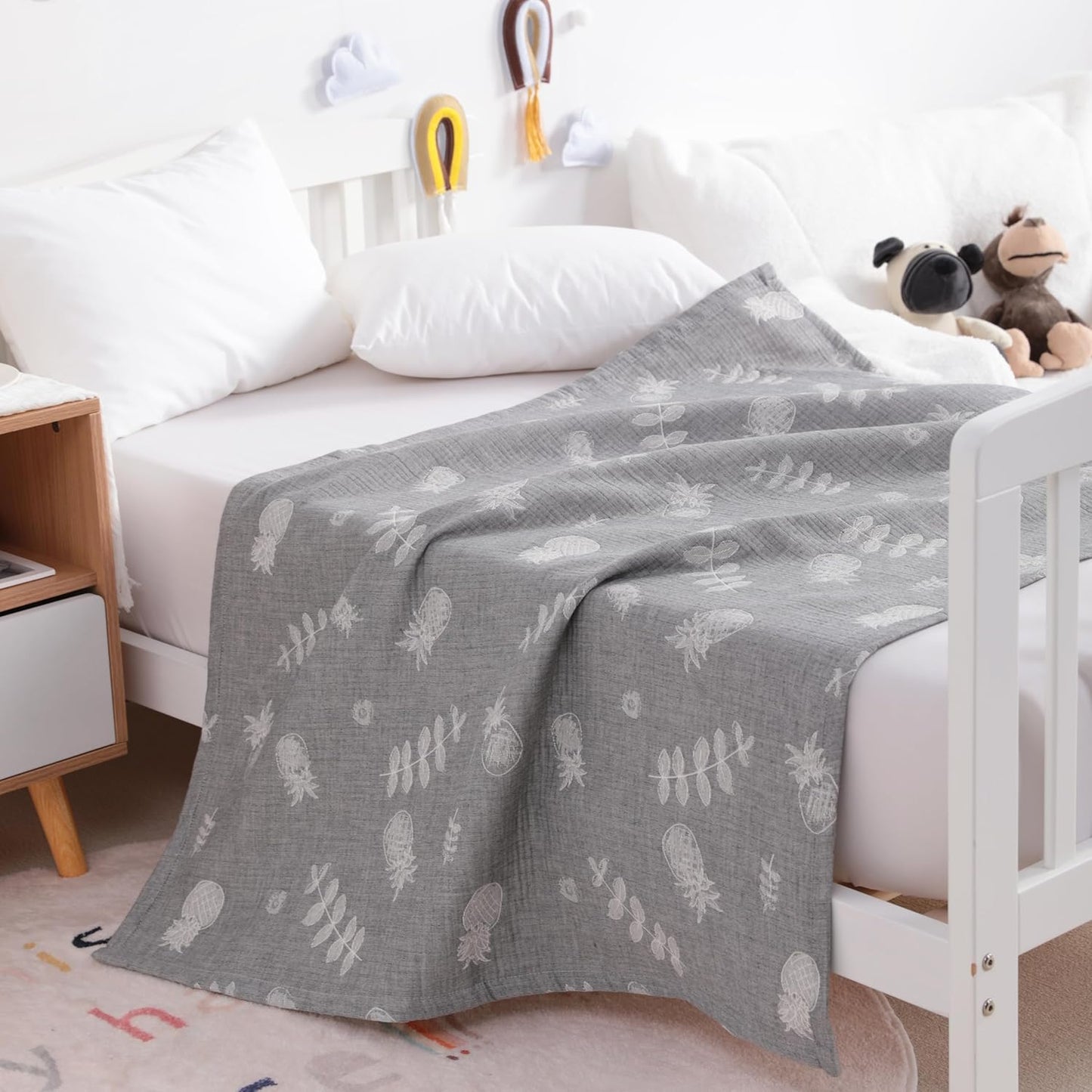 NTBAY 3 Layer Toddler Blanket, Muslin Cotton Jacquard Bed Blankets, Lightweight Thermal Baby Blanket, Super Soft and Warm Crib Blanket for All Seasons, Decoration Gift, 30"x40", Grey Pineapple