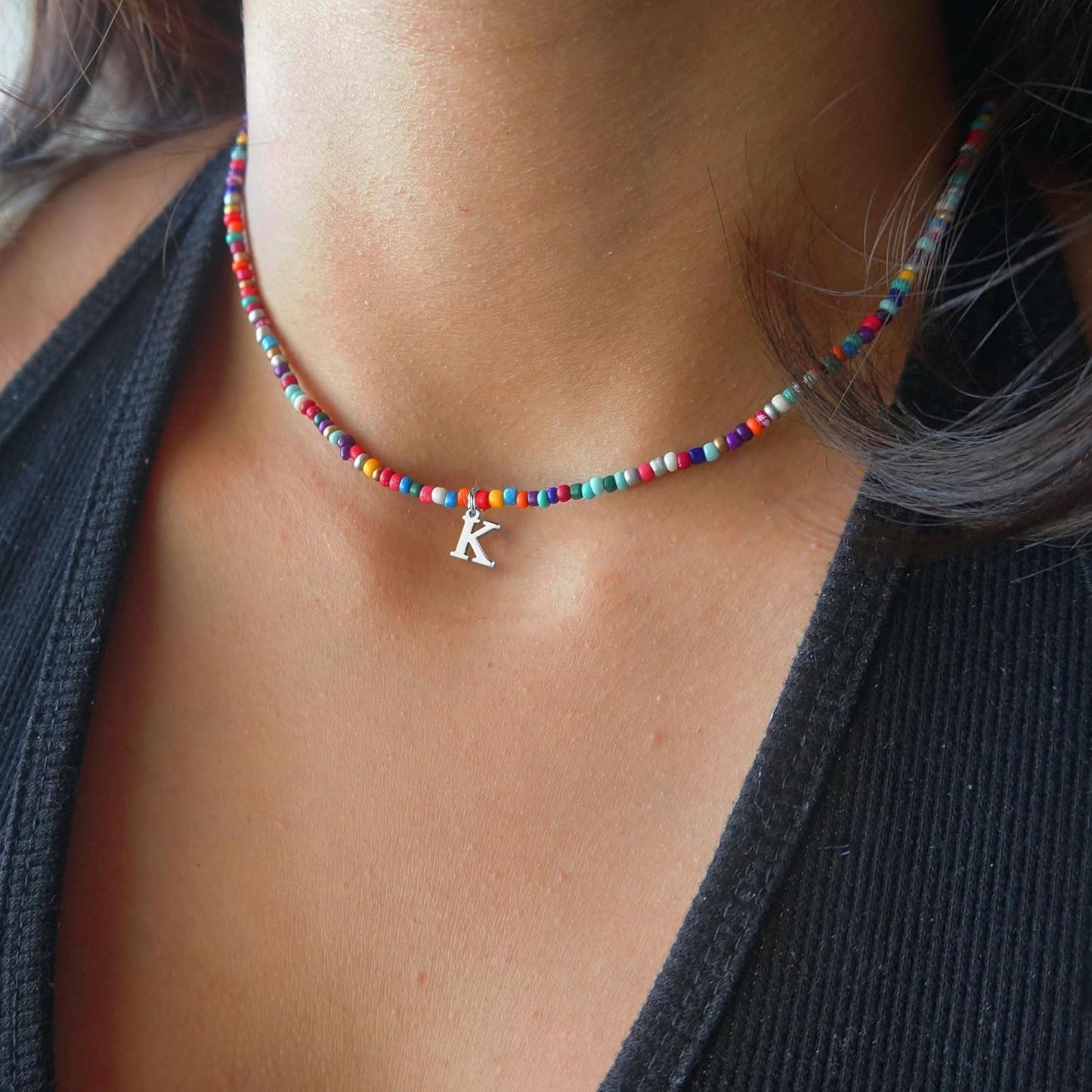 Yoosteel Christmas Gifts for Grandkids Teen Girls - Colorful Beaded Initial Necklace for Girls Kids Jewelry A-Z Letter Choker Necklace Birthday Gifts Stocking Stuffers for Teen Girl Women Kids Toddler