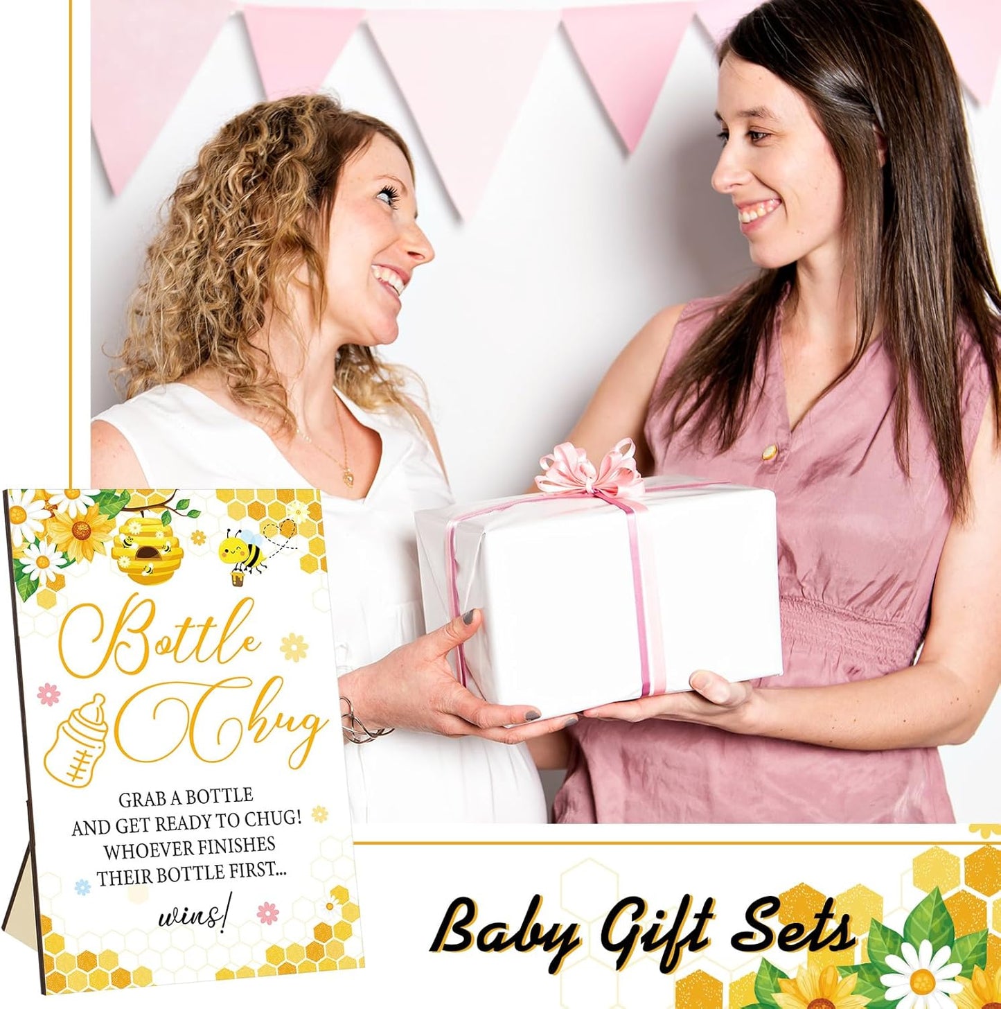 TrelaCo Cool Baby Shower Games Wooden Bottle Chug Sign Bee Theme Gift Sets and 12 Pcs Baby Bottle Shower Favor for Honeycomb Bee Games Gender Reveal