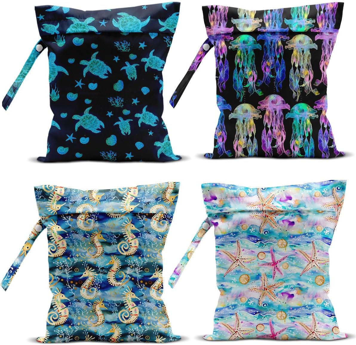 4 Pack Wet Bag for Swimsuit, Beach Travel Essentials Wet Dry Bag, for Sunscreen Toiletry Dirty Clothes Yoga Gym Diaper, Friend Summer Beach Vacation Gifts. Marine Life Theme