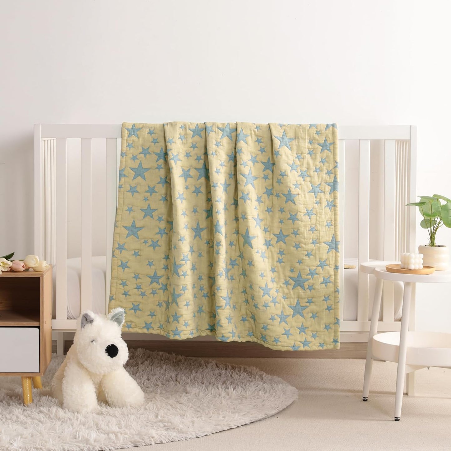 NTBAY 3 Layer Toddler Blanket, Muslin Cotton Jacquard Bed Blankets, Lightweight Thermal Baby Blanket, Super Soft and Warm Crib Blanket for All Seasons, Decoration Gift, 45"x60", Blue and Yellow Star