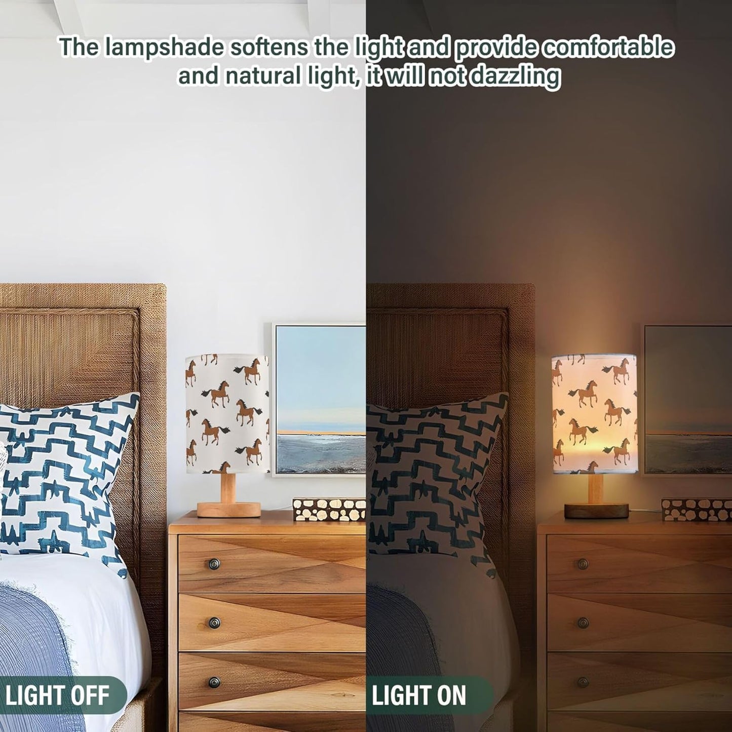 Table Lamp Brown Horse Pattern Nightstand Lamp with Wood Base Fabric Lamp Shade Bedside Desk Lamp for Living Room Bedroom Kids Room Office