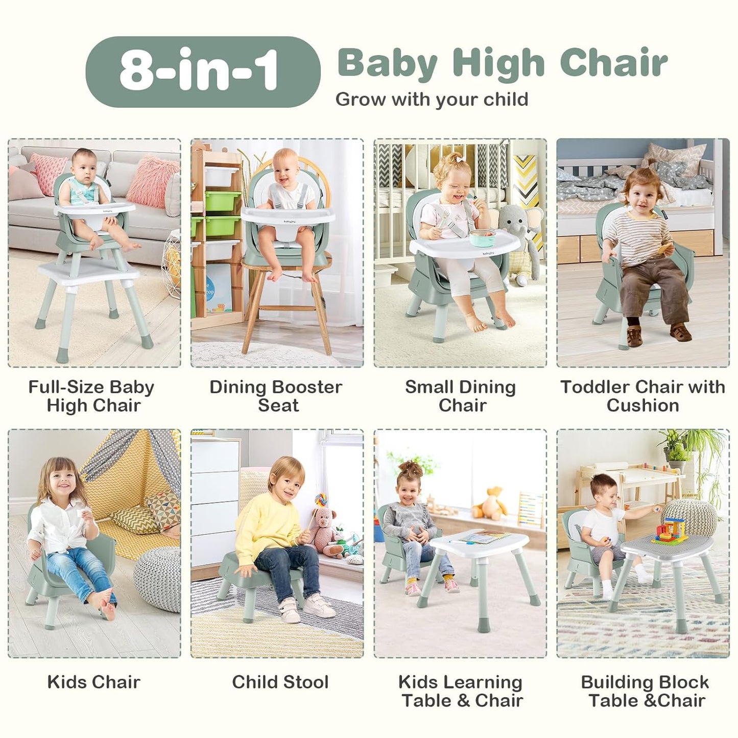 BABY JOY Baby High Chair, 8 in 1 Convertible Highchair for Babies & Toddlers | Booster Seat | Table and Chair Set | Building Block Table | Toddler Chair with Safety Harness, Removable Tray (Green)
