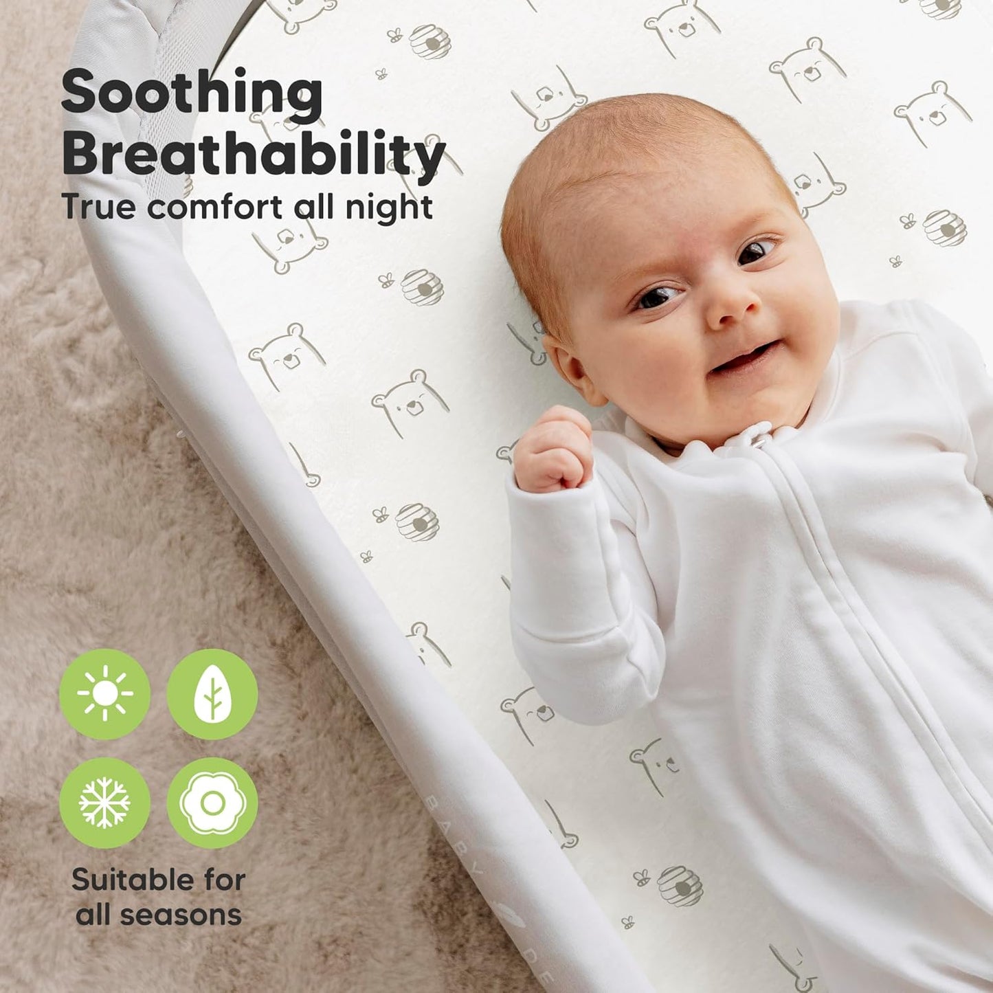 2-Pack Organic Bassinet Sheets for Girls, Boys - 100% Cotton Bassinet Mattress Sheets Compatible with Halo Bassinest Swivel Sleeper, Graco, Baby Delight, Chicco, Fitted Bassinet Sheets (Bumble Bear)