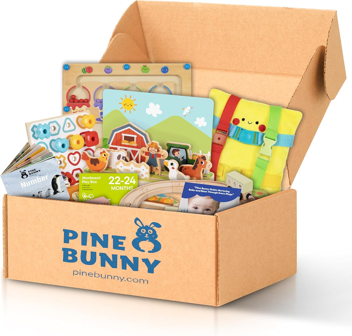 Pine Bunny Montessori Wooden and Plush 12-in-1 Toy Set for 22+ Months, Buckle Toy, Magnetic Color Cup Match Pattern Pegs Space and Distance Farm Game Wooden Train Set Educational Learning Toddler Toys