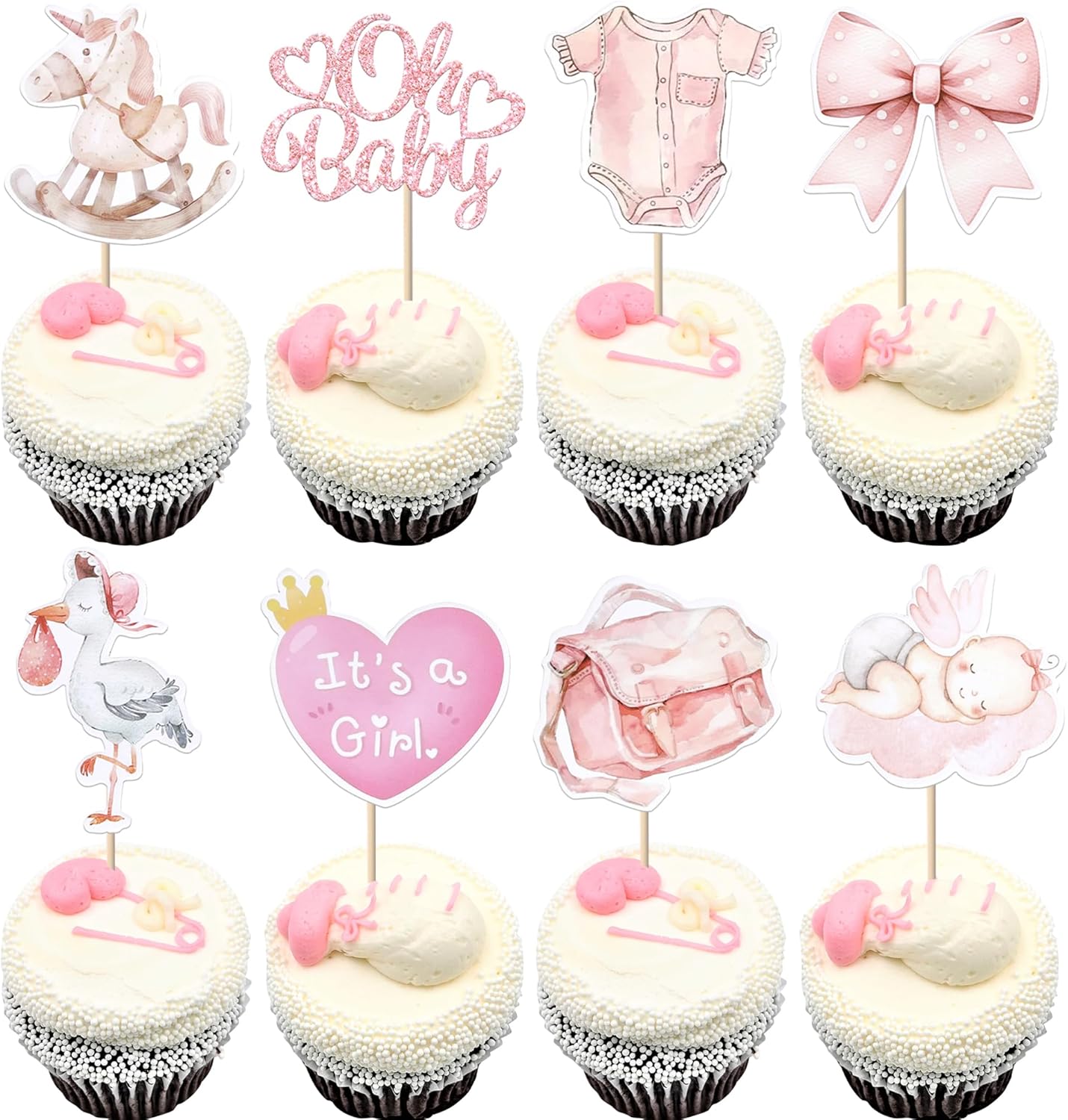 Rsstarxi 40 Pack Baby Cupcake Toppers Oh Baby Shower Decorations - Bow Trojan Horse It's a Girl Cupcake Picks for Welcome Baby Girls Birthday Party Cake Decorations