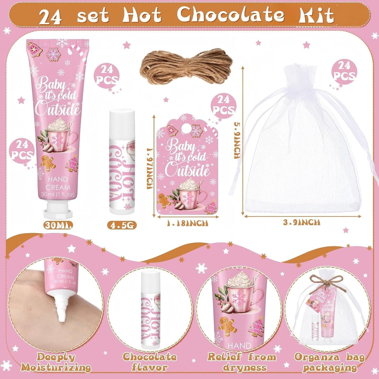 24 Sets Baby It's Cold Outside Baby Shower Hand Creams and Pink Hot Cocoa Lip Balms Gift Sets Winter Wonderland Christmas Party Favors Travel Size Hot Cocoa Bridal Shower Party Supplies for Guests