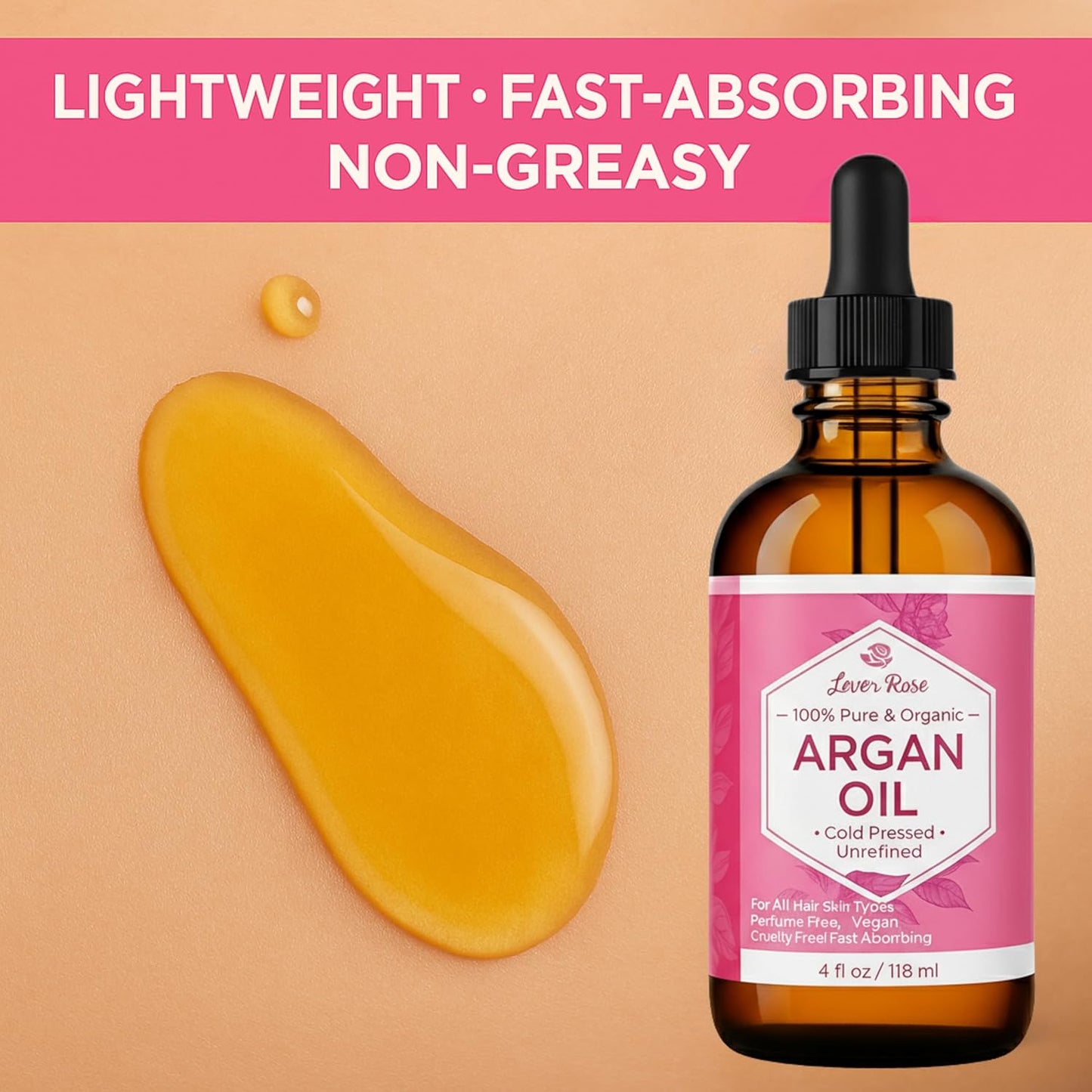 Leven Rose Organic Argan Oil for Hair, Face and Skin - 4 oz 100% Pure Moroccan Cold-Pressed Organic