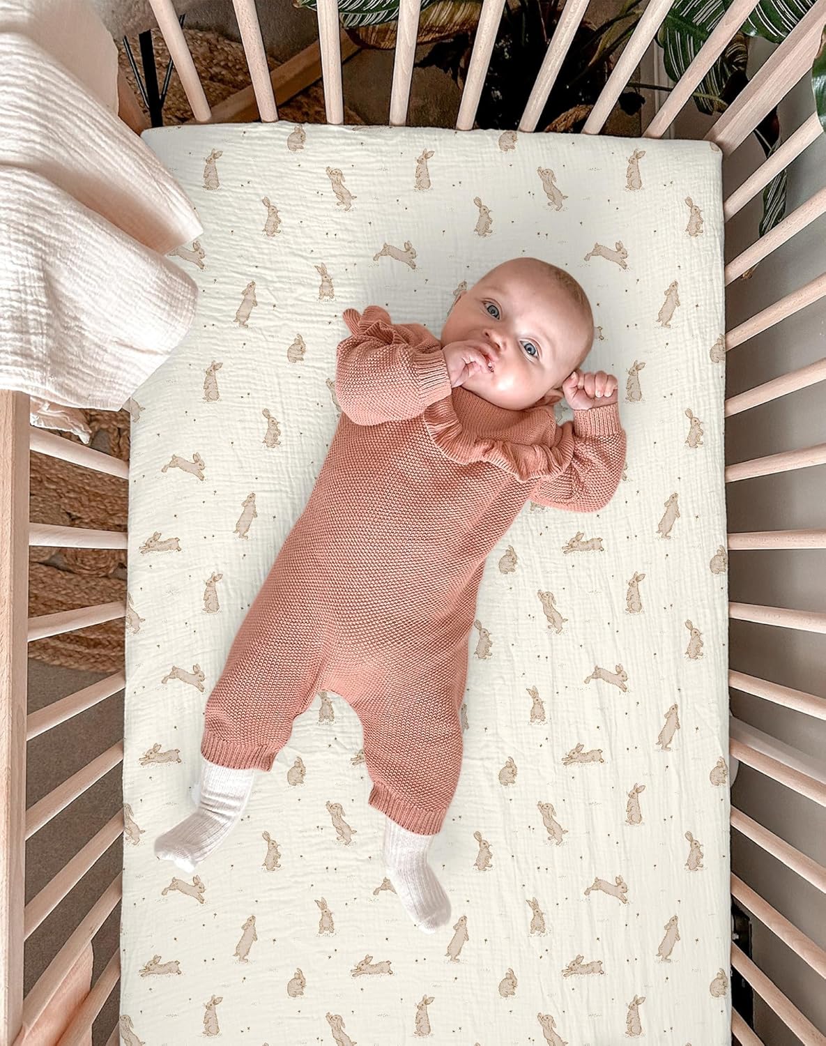 Pack and Play Sheets for Baby Boy and Girl 2 Pack, Neutral Muslin Cotton Pack N Play Mattresses Sheet 27"x39", Muslin Nursery Bedding Soft and Breathable Comfort (Hopping Bunnies & Beige)