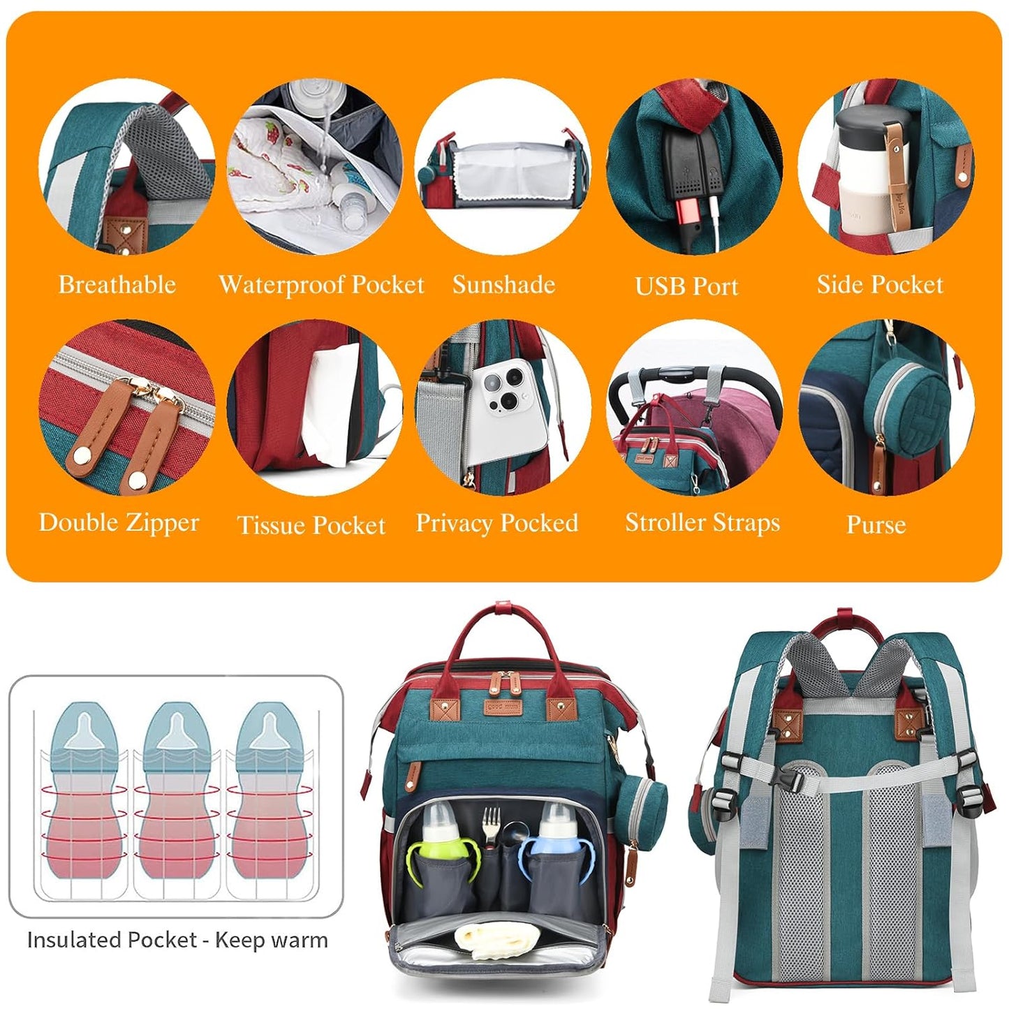 Baby Diaper Bags with Changing Station, Waterproof Diaper Bag Backpack for Moms Dads with USB Charging Port, Baby Shower Gifts, Large Capacity diaper backpack, Red-Green-Blue