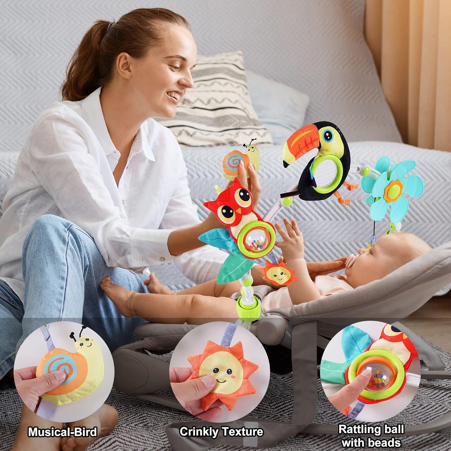 Adjustable Arch Bassinet Toys for Infant & Toddlers, Stroller Arch, Baby Crib Toys with Fascinating Hanging for Stimulating Baby’s Senses and Developing Motor Skills