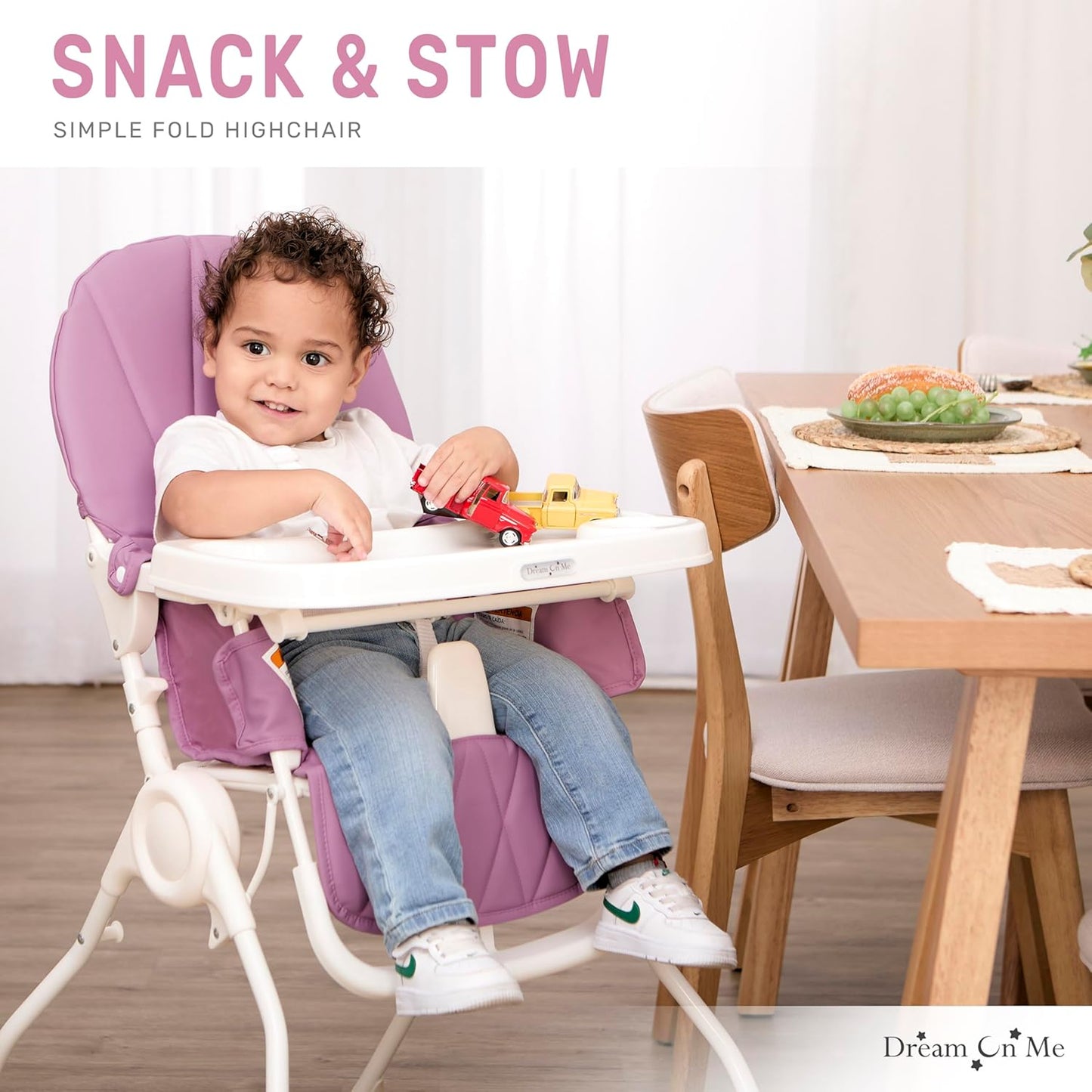 Dream On Me Snack and Stow Highchair | Adjustable Feeding Chair with Removable Tray, Lightweight, Foldable Design, Easy to Clean, Perfect for Toddlers & Infants
