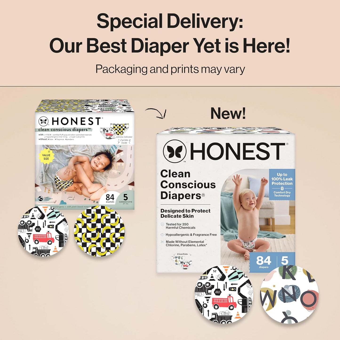 The Honest Company Clean Conscious Diapers for Sensitive Skin, Up to 100% Leakproof Hypoallergenic Fragrance-Free Baby Diapers, Gender Neutral Prints, Super Club Box, Size 5 (27+ lbs), 84 Count
