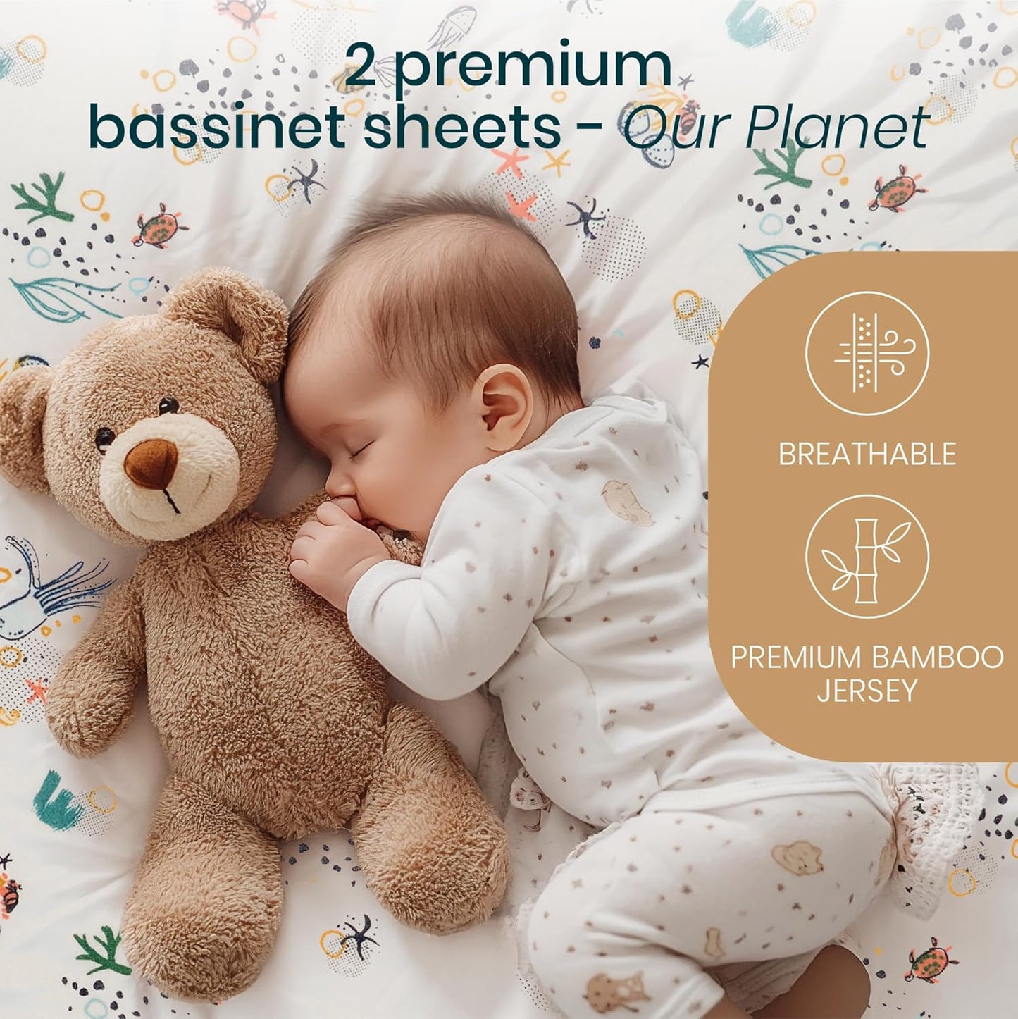 Tutti Bambini Premium Bassinet Sheets (2 Pack) - Soft & Breathable Bamboo Jersey, Double-Strength Bedside Sleeper Sheets, Fits Mattresses from 20.8 x 31.5 in to 23.6 x 35.4 in (Our Planet)