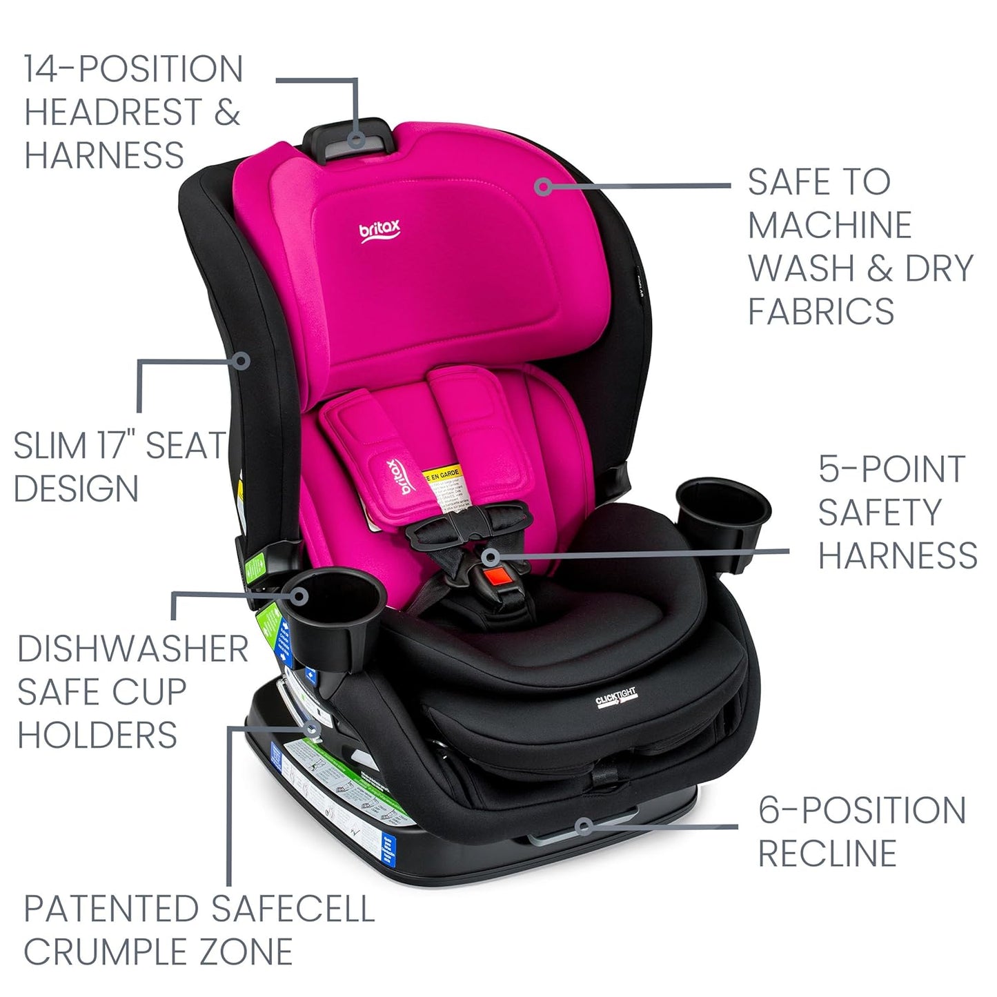 Britax Poplar Convertible Car Seat, 2-in-1 Car Seat with Slim 17-Inch Design, ClickTight Technology, Magenta Onyx