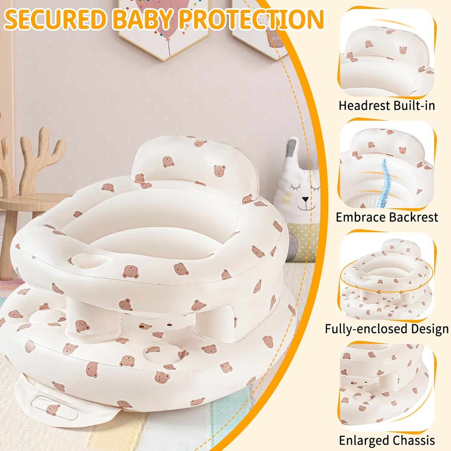 Inflatable Baby Seat for Babies 3-36 Months, Baby Chair with Fence & Built in Air Pump, Blow Up Floor Baby Seat with Back Support, Baby Sit Up Chair for Home, Travel (Bear-Large)