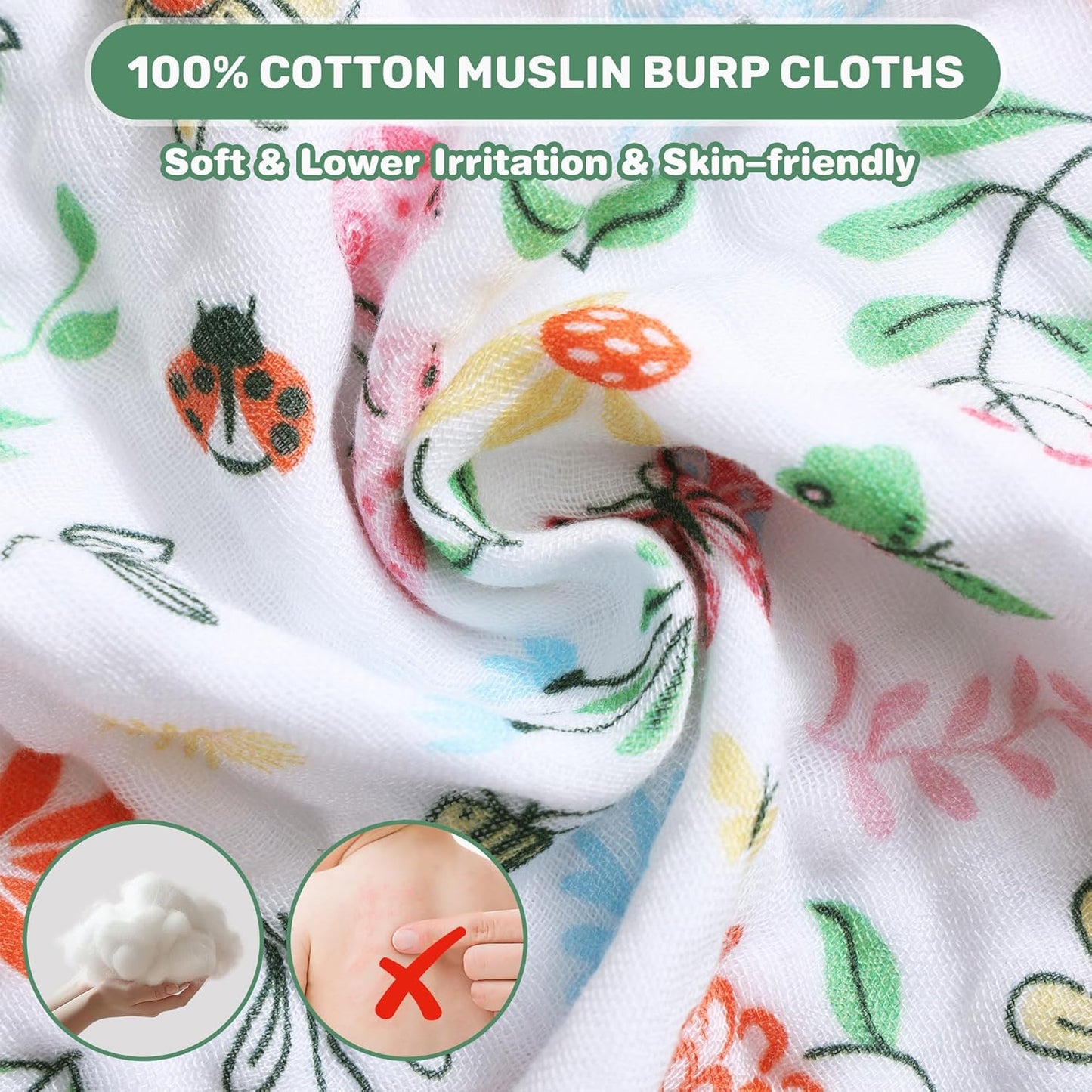 Viviland Baby Muslin Burp Cloths, Super Absorbent Washcloths for Baby Girl and Boy, 10 x 20 inches 6-Layer Baby Bath Towels, Flowers & Butterflies 4 Pack