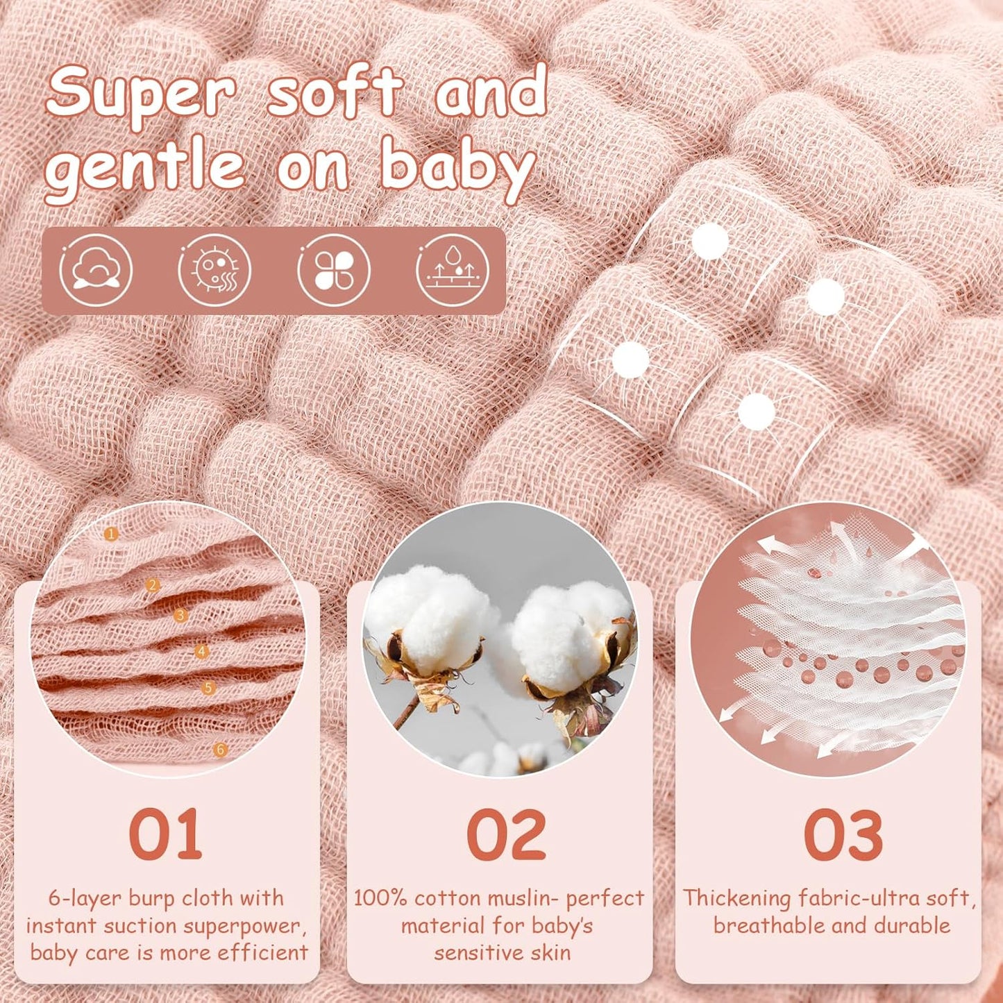 Looxii Muslin Burp Cloths Baby Girl 6 Pack - 20" x 10" - Ultra Soft & Absorbent, 6-Layer 100% Cotton for Spit Up & Drool- Gentle Baby Burping Cloth, Newborn Essentials Shower Gift Girl, Gradient Pink