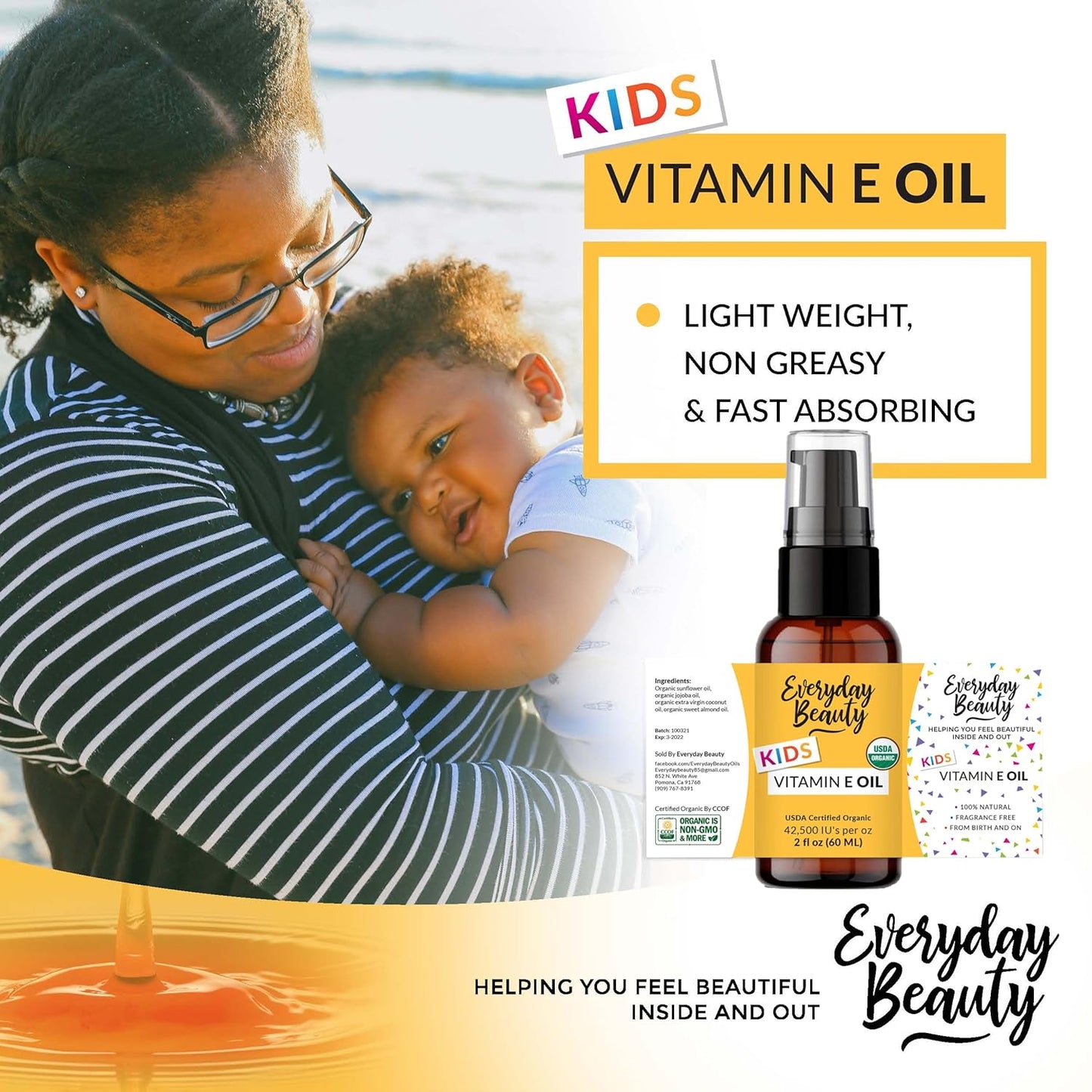 Organic Vitamin E Oil - Nourishing Baby Massage Oil for Moisturizing Dry Skin - Fragrance Free & All Natural Plant Based, Lightweight Gentle Blend - 2 Fl Oz With Pump Top