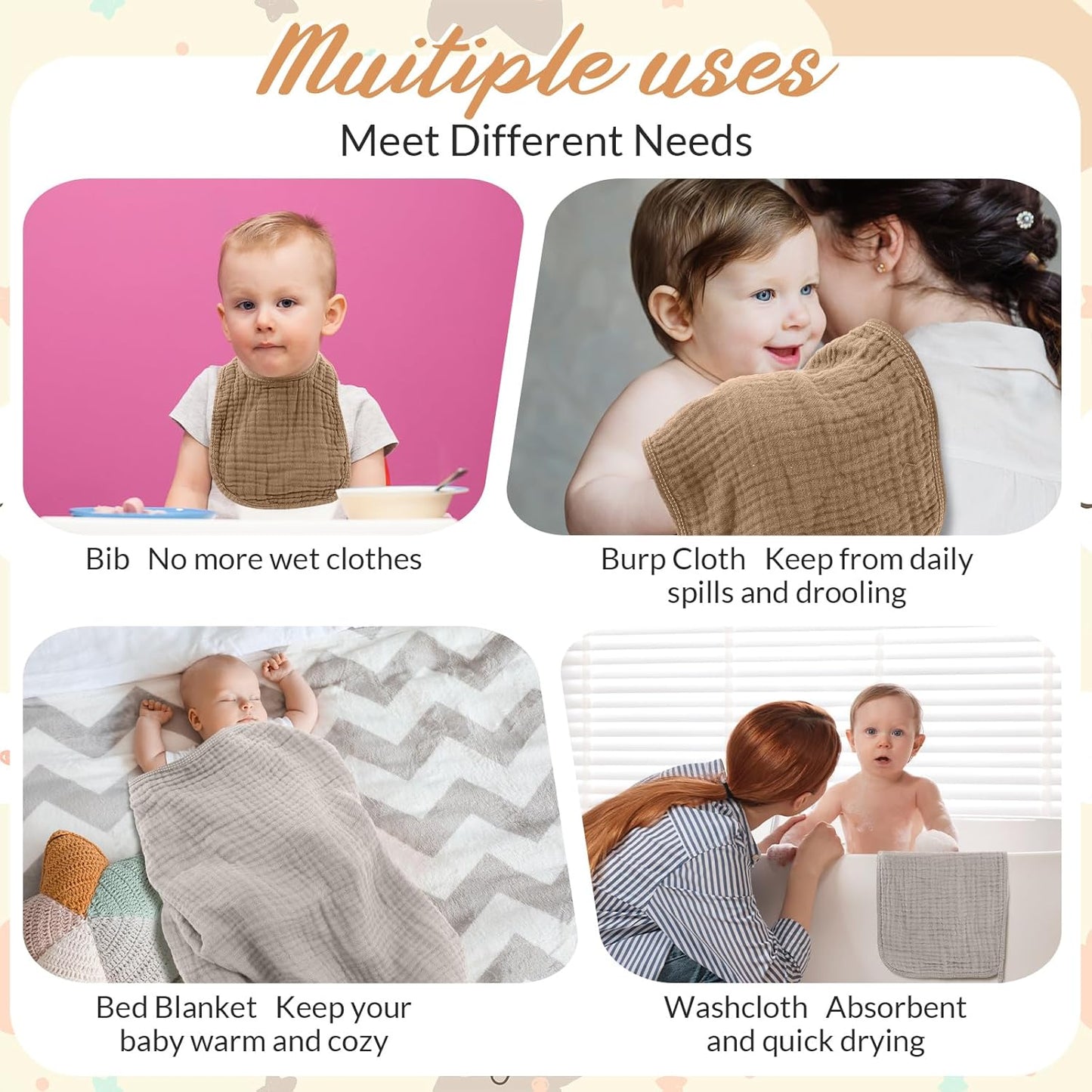 6 Pcs Muslin Hooded Bath Towels Washcloths and Bibs Set, Muslin Cotton Baby Towels Absorbent Hooded Blanket Towel Infant Bibs for Boys Girls Newborn Infant Essentials(Brown, Beige)