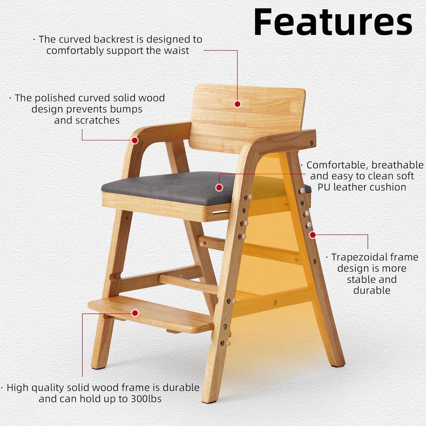 Solid Wood High Chair for Babies&Toddlers, Baby Highchair, Adjustable HighChair for Babies/Toddlers with Removable Cushion, Children Kids Dining Chair, Teens Study Chair with Steps (Natural)