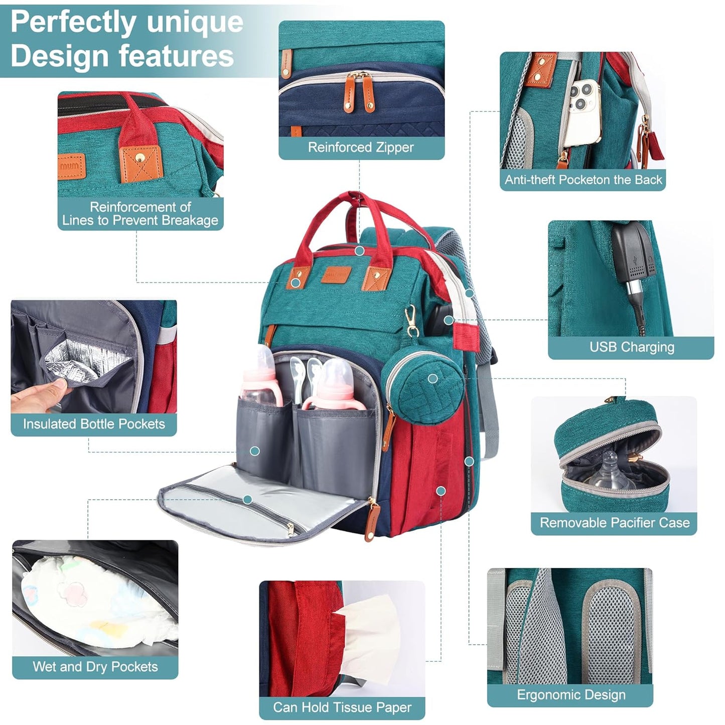 Diaper Bag Backpack, Baby Diaper Bag, Multifunctional Large Capacity, with Diaper Changing Station, Travel Diaper Bag Backpack (Blue-Green)