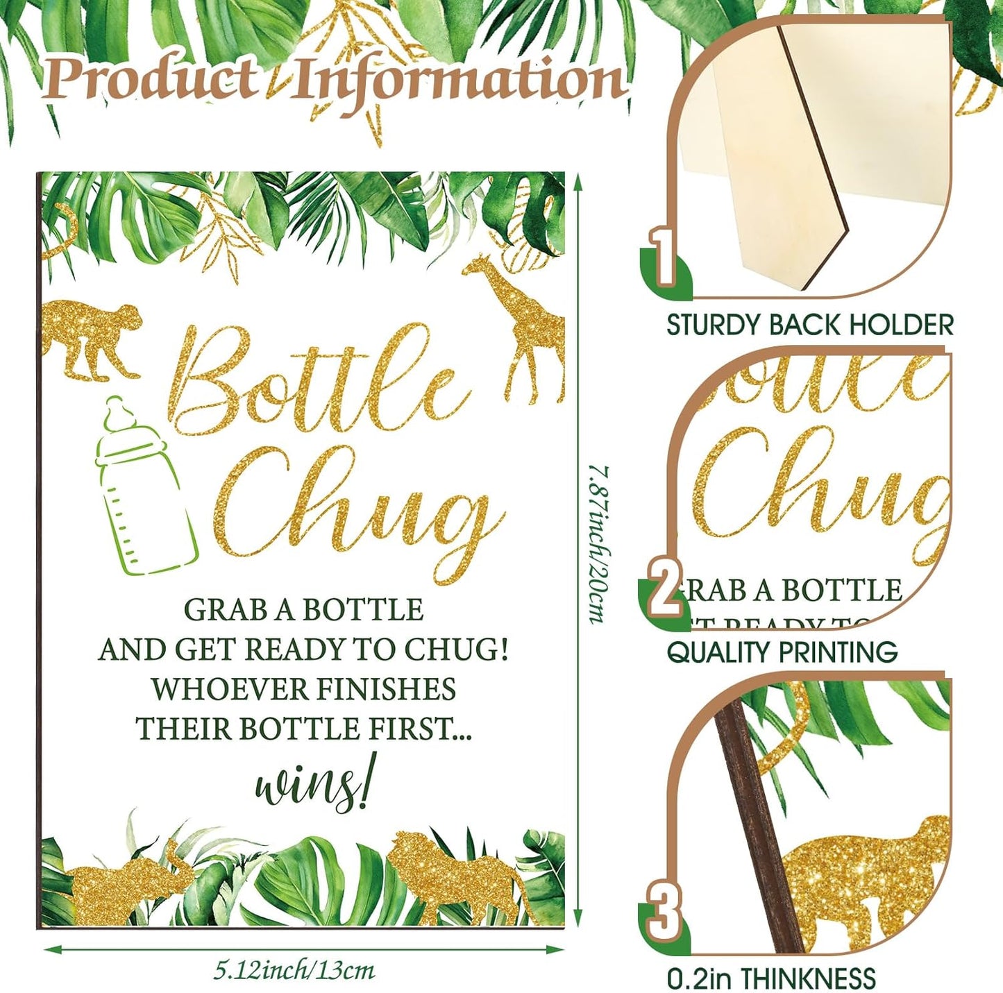 TrelaCo Safari Cool Baby Shower Games Bottle Chug Sign Wooden Jungle Animals Theme Gift Sets Gender Reveal Party Favors and 12 Pcs Baby Bottle Shower Favor for Games Gender Reveal