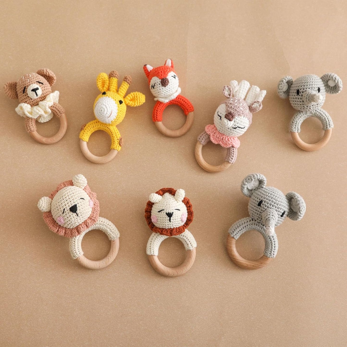 Wooden Baby Rattle，Crochet Elephant Rattle with Wood Ring, Newborn Wooden Animal Rattle Toy，Infant Elephant Wood Rattle Toys