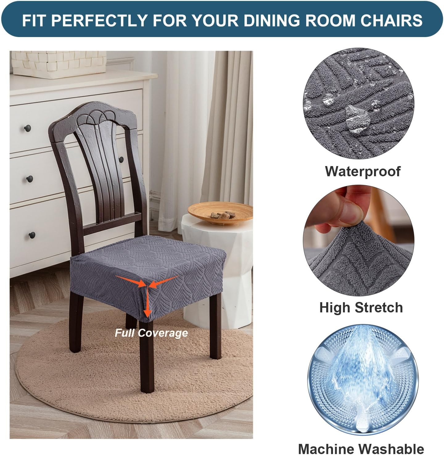 Waterproof Stretch Seat Covers,Dining Room Chair for 6 Set Removable Washable Chair Slipcover Protectors,No Rear Covers,Dark Grey