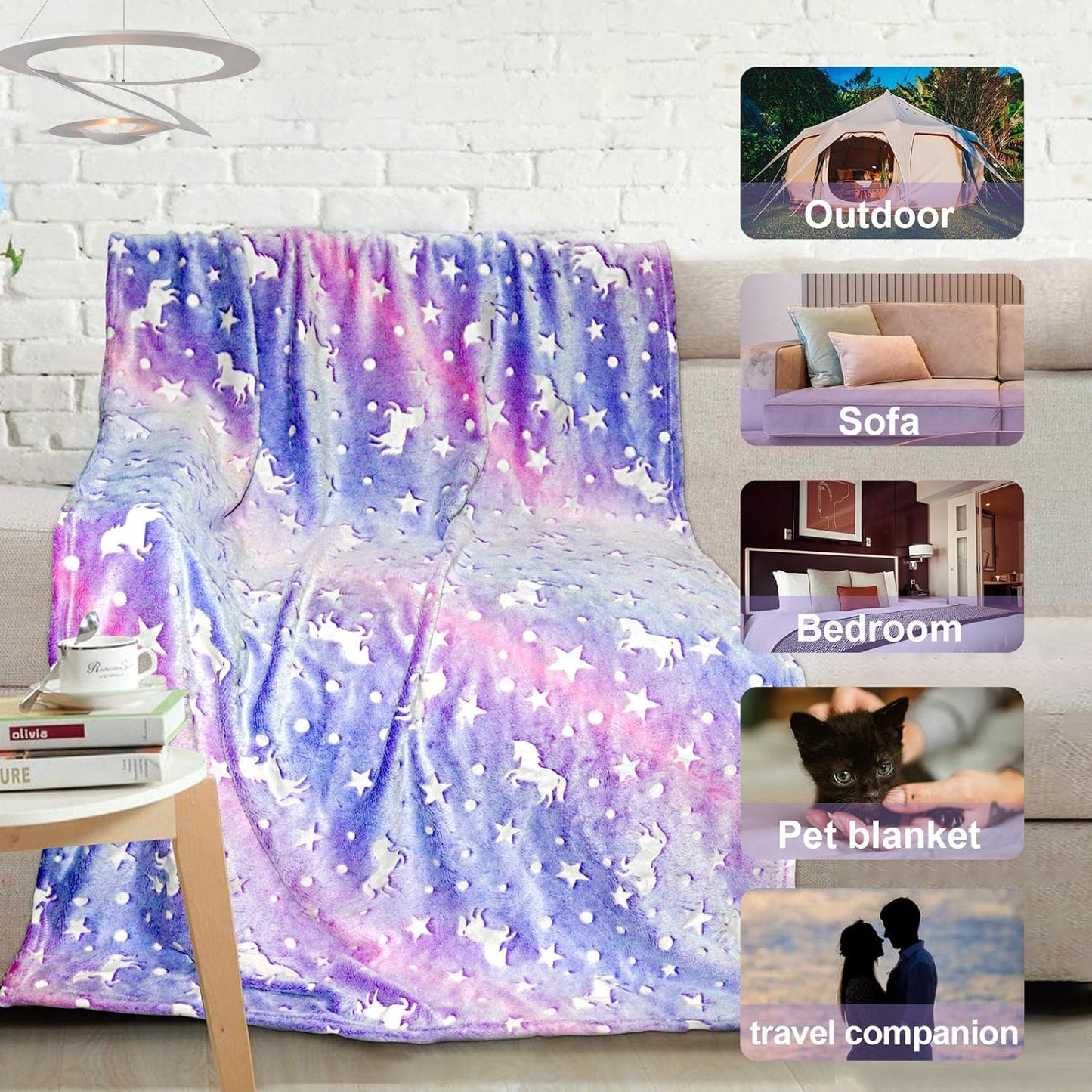 Unicorn Glow in the Dark Kids Blanket, 50"x60" Soft Fleece Throw for Girls Age 3-12