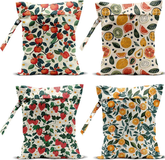 4 Pack Cute Fruit Wet Bag Waterproof Washable Reusable Wet Dry Bag for Swimsuit Clothes Cloth Diaper Travel Beach Pool Yoga Gym Toiletries Travel Beach Essentials Strawberry Orange Apple