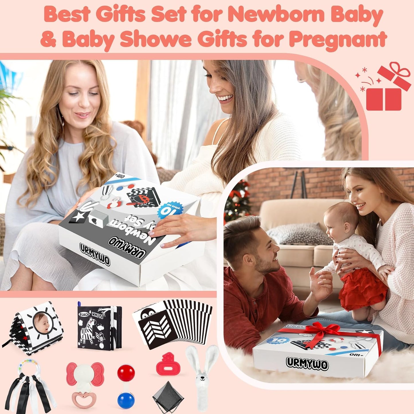 Baby Toys for 0-6 Months, High Contrast Black and White Sensory Toys for Newborn 0-6 M, Rattle Teether Tummy Time Audio Visual Stimulation Learning Activity for 0-12 Months, Baby Boy Girl Gifts 10 Pcs