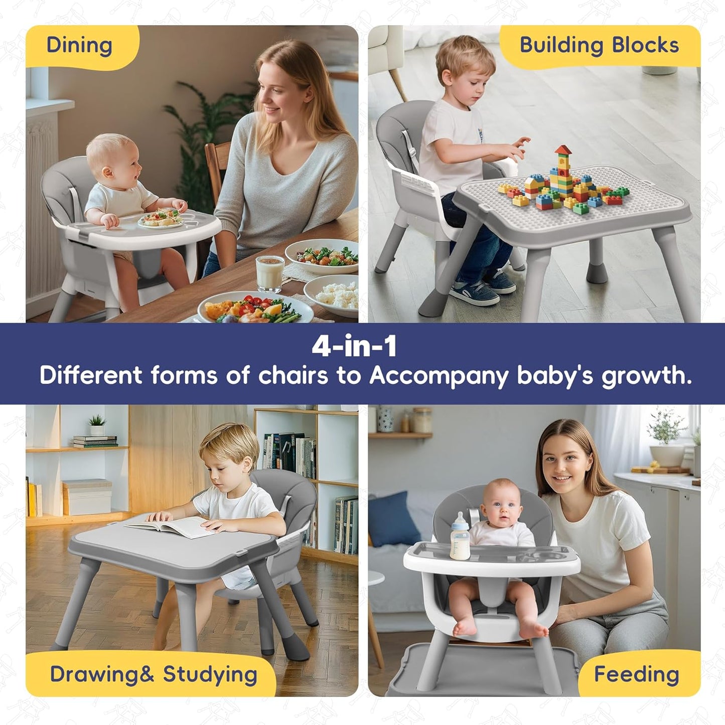 4 in 1 Baby High Chair, Toddler Chair with Removable Tray, Convertible High Chairs for Babies and Toddlers, Kids Learning Table, Building Block Table, Dining Booster Seat with Safety Harness, Gray