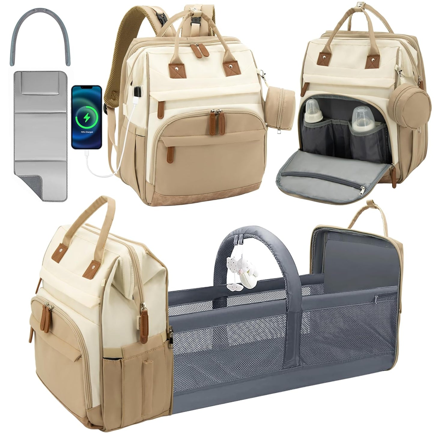 DERJUNSTAR Diaper Bag, Baby Diaper Backpack with Changing Station (Beige/Khaki)