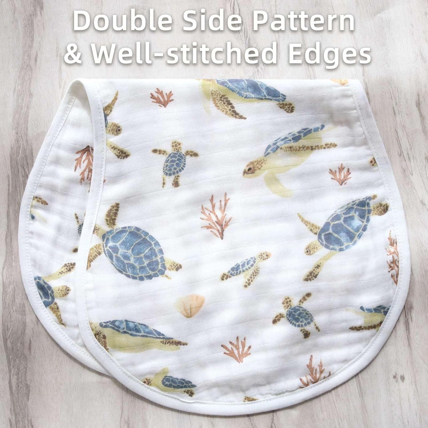 LifeTree Muslin Baby Burp Cloths - 2 Pack 70% Viscose from Bamboo and 30% Cotton Large 22'' by 10'' Absorbent Milk Spit Up Rags - Burping Cloths for Newborn, Girls Boys, Sea Turtle & Solid Blue