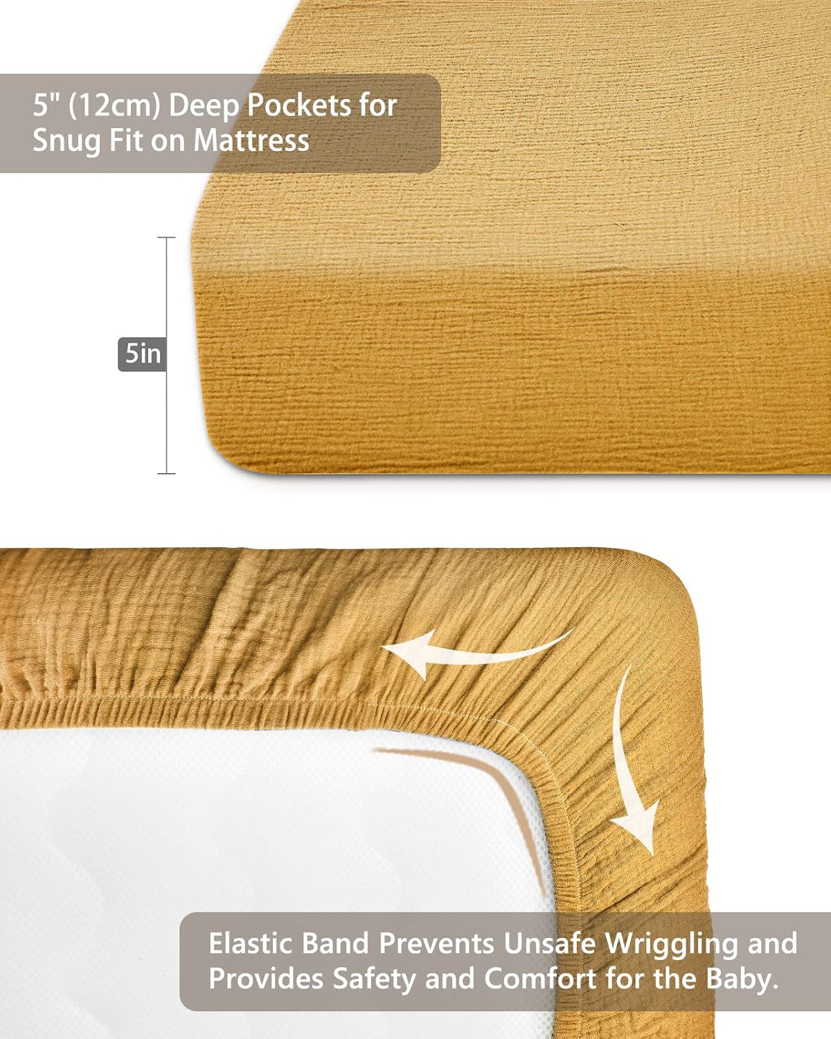 Mini Crib Sheets for Baby, Fitted Pack N Play Mattress and Mini Cribs 24" x 38", Neutral Muslin Cotton Mini Crib Mattress Sheet with Boho Style, Soft and Breathable Comfort (Mustard Yellow)