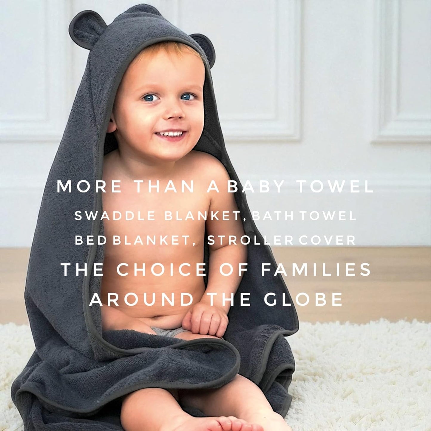 Organic Cotton Toddler Poncho Towel 33"x33" – Ultra-Soft Hooded Bath & Beach Towel with Bear Ears – Absorbent Kids Towel for Boys & Girls 0-5T, Premium for Pool, Bath & Travel (Grey)