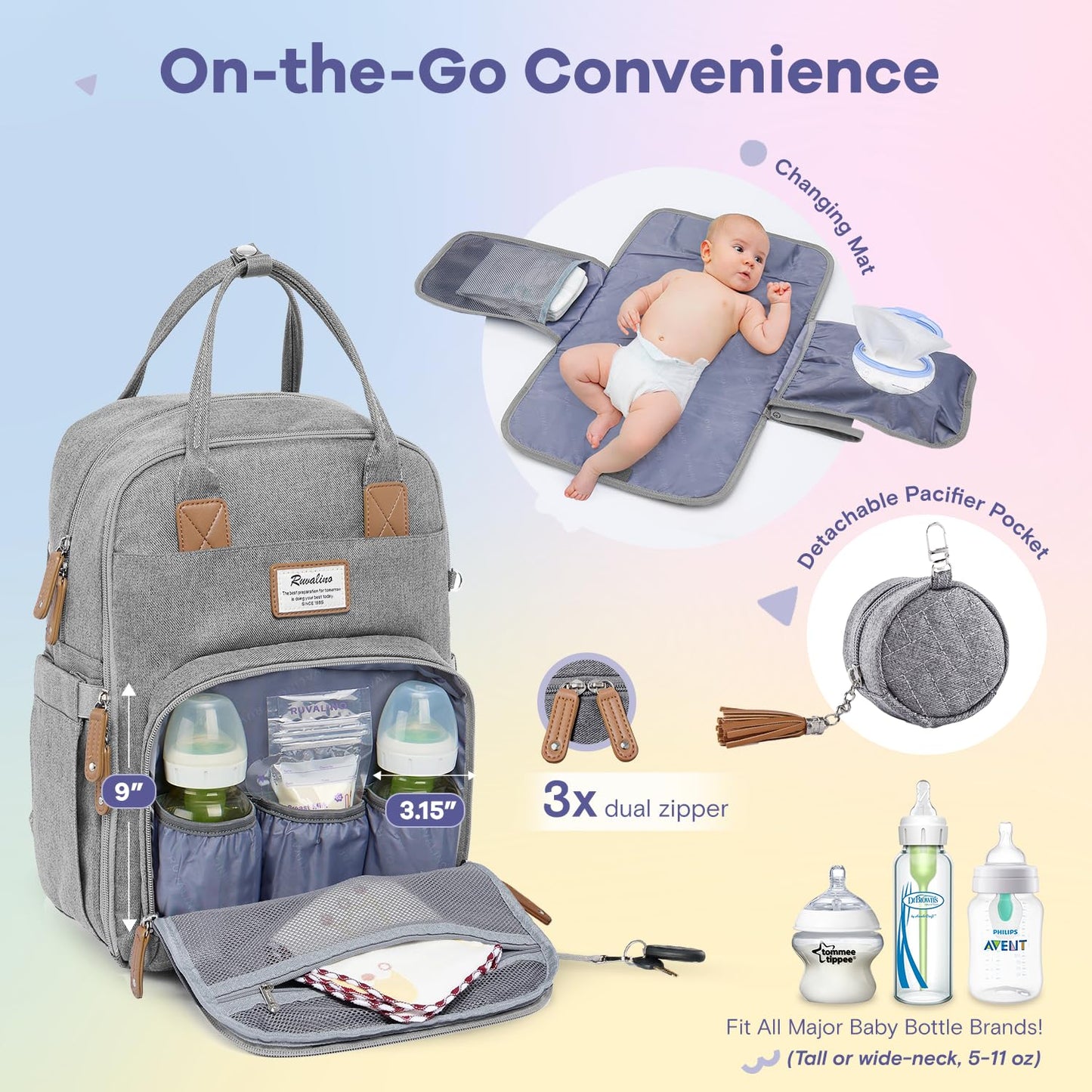 RUVALINO Diaper Bag Backpack, Multifunction Travel Pack Maternity Baby Changing Bags, Large Capacity, Waterproof, Gray