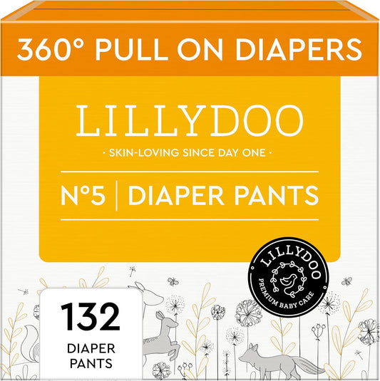 LILLYDOO Diaper Pants Toddlers - Size 5 (24-35 lbs), Monthly Supply (132 Count), Skin-Friendly, Ultrasoft, Chlorine-Free, Snug Fit & Absorbent Pull On Diapers