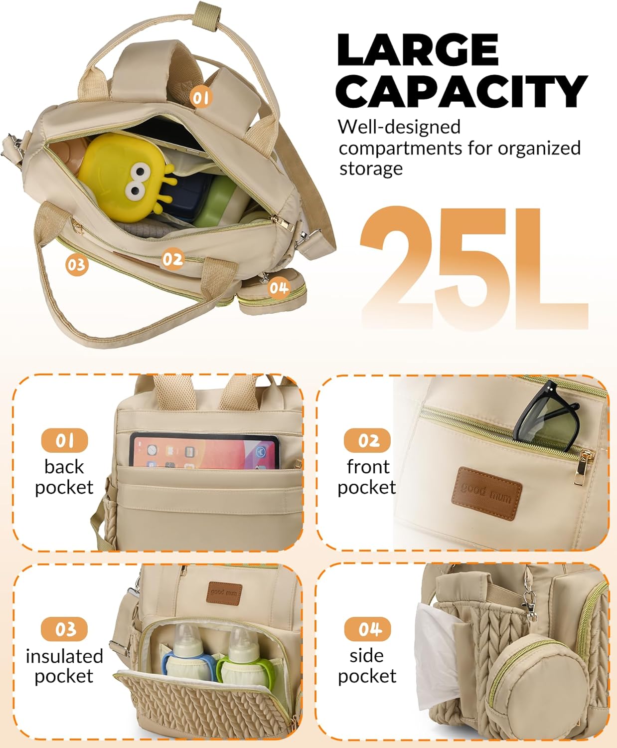 Backpack Diaper Bag,Stylish Waterproof Baby Diaper Bags with Changing Pad,Insulated Pockets,Multi-Function Travel Diaper Backpacks, Baby Registry Search,Khakii