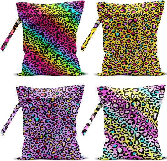 4 Pack Colorful Rainbow Neon Leopard Wet Bag Waterproof Washable Reusable Wet Dry Bag for Swimsuit Clothes Cloth Diaper Travel Beach Pool Gym Toiletries Gift for Women Mama Sister Christmas Birthday
