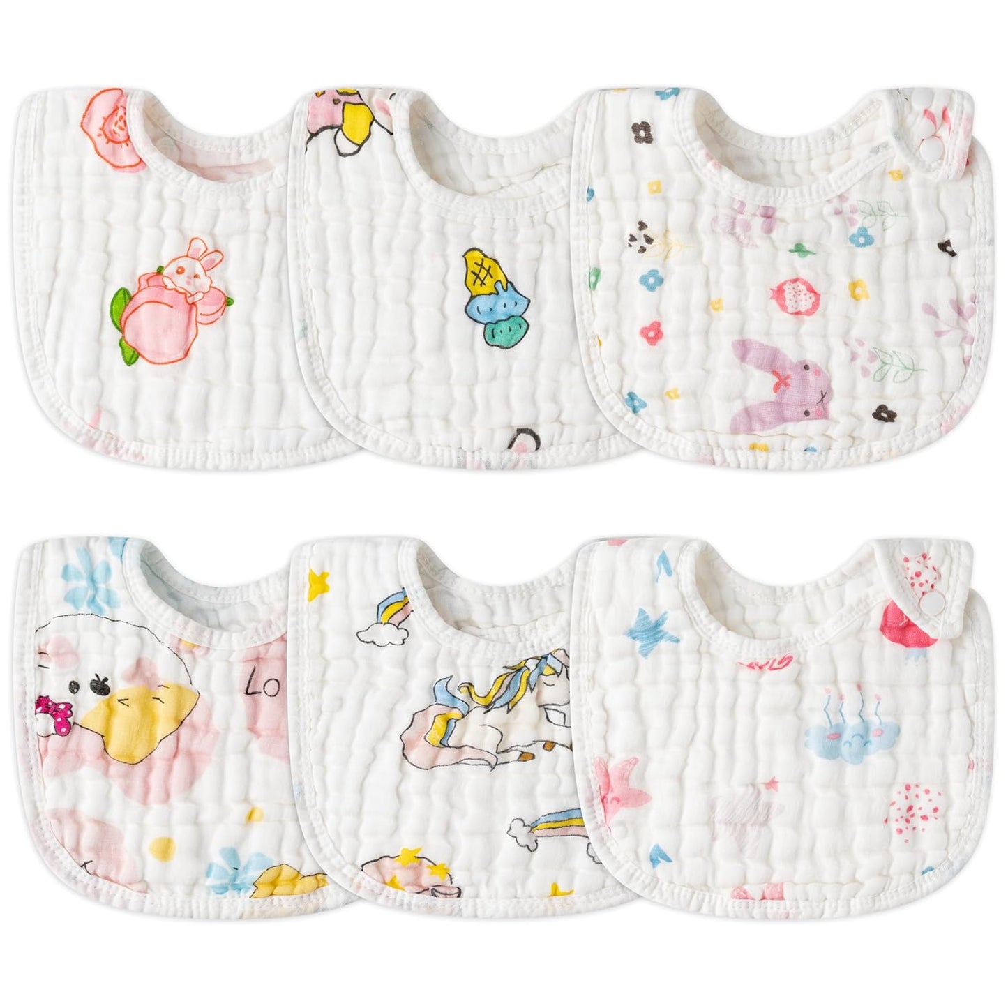 Zainpe 6Pcs Snap Muslin Cotton Baby Bibs Star Cat Rabbit Pattern Adjustable Feeding Bib Machine Washable Unisex Burp Cloths with 6 Absorbent & Soft Layers for Infant Toddler Newborn Eating Drooling