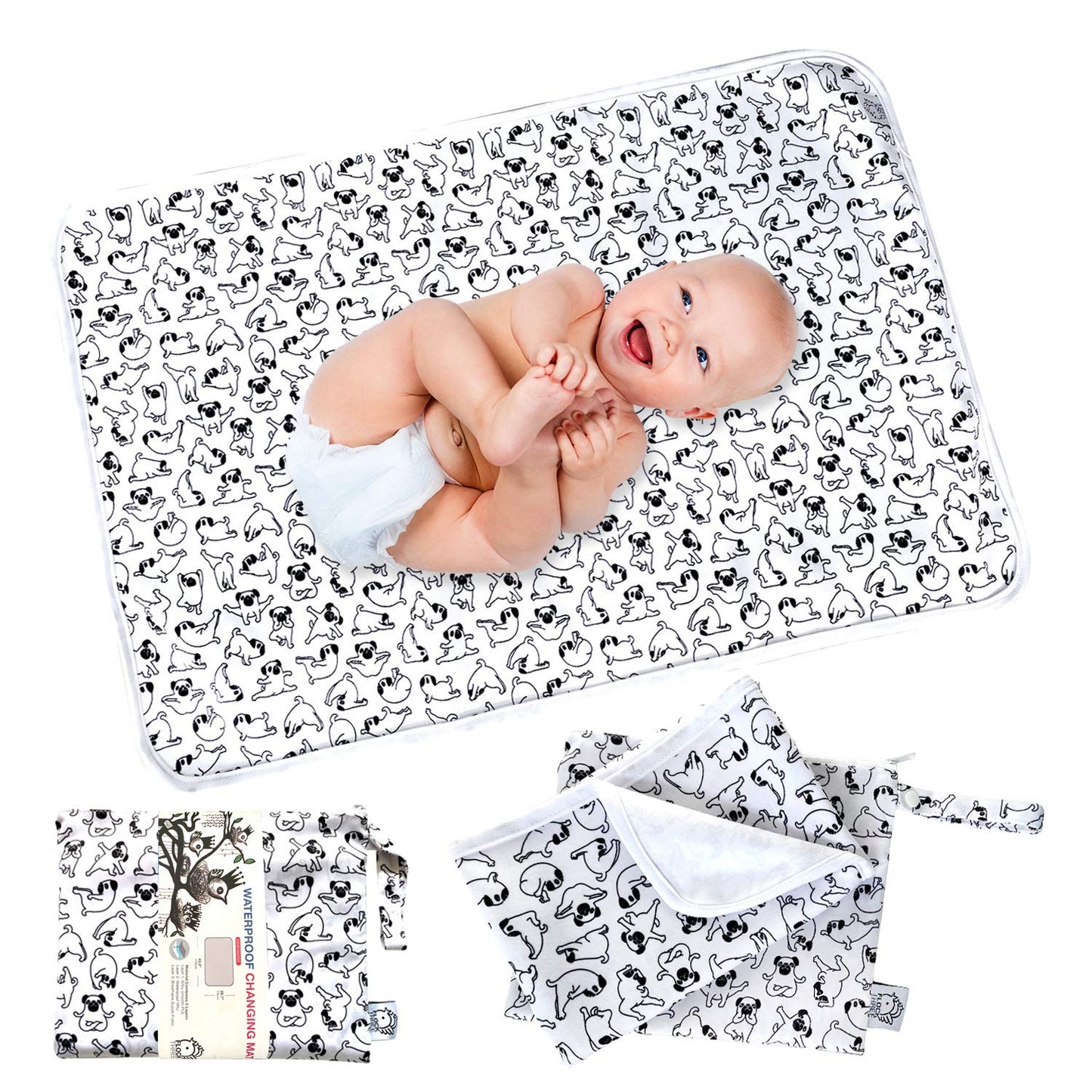 Flock Three Waterproof Baby Diaper Changing Pad with Storage Bag (43.3" X 28.7") Washable Wipeable Reusable Leak Proof Diaper Travel Mat Station Changing Mattress Liner Cribs Bed Cover, Dogs