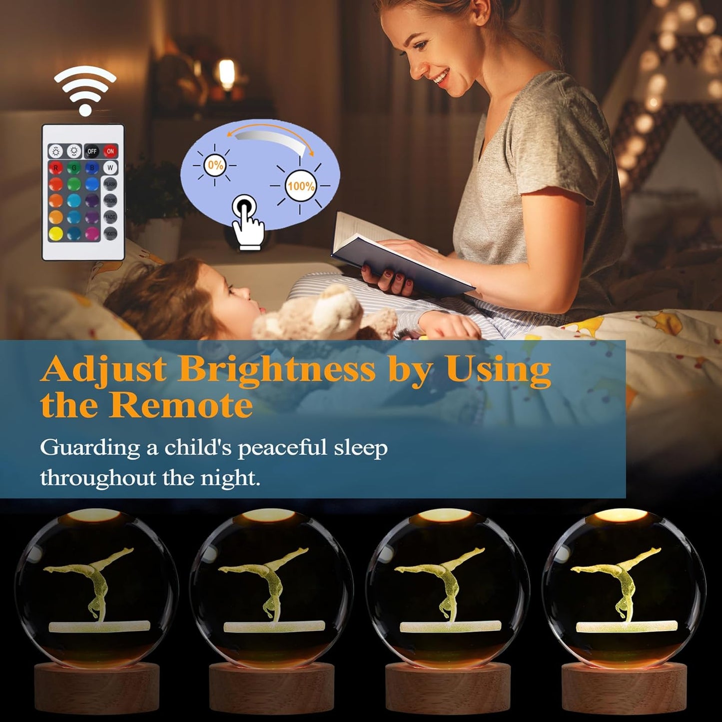 Gymnastics Night Light, Gymnastics Gifts for Girl, Gymnastics 3D (3.15 in) Crystal Ball Night Light with Remote Upgraded Lamps with 16 Color for Birthday Xmas Cool Room Decor for Boys Girls