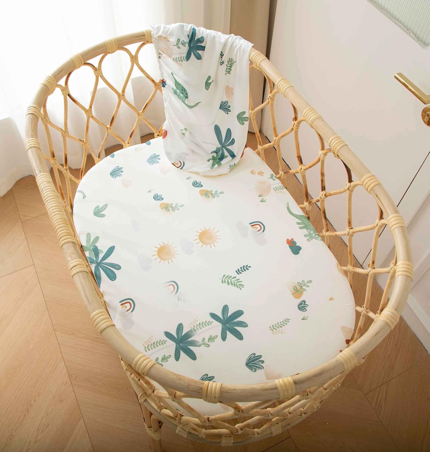 SDY Dinosaur Baby Bassinet Sheets Set 2 Pack for Boys Girls，Elastic Travel Crib Fashionable Floral Pattern, Standard Cradle Safe Sheets Set 32 * 16 * 4 inches (Dino)